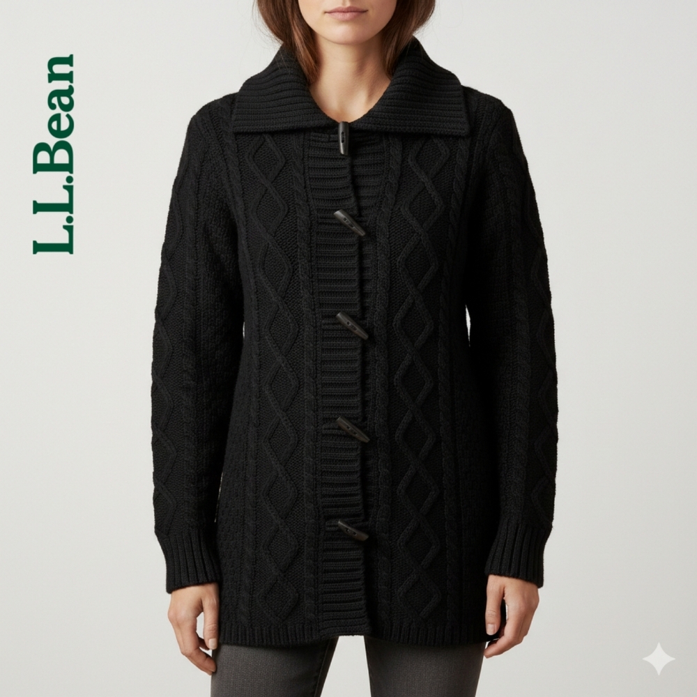 Sz M L.L.Bean Wool Long Black Cable Knit Women's Sweater Button-Front Cardigan